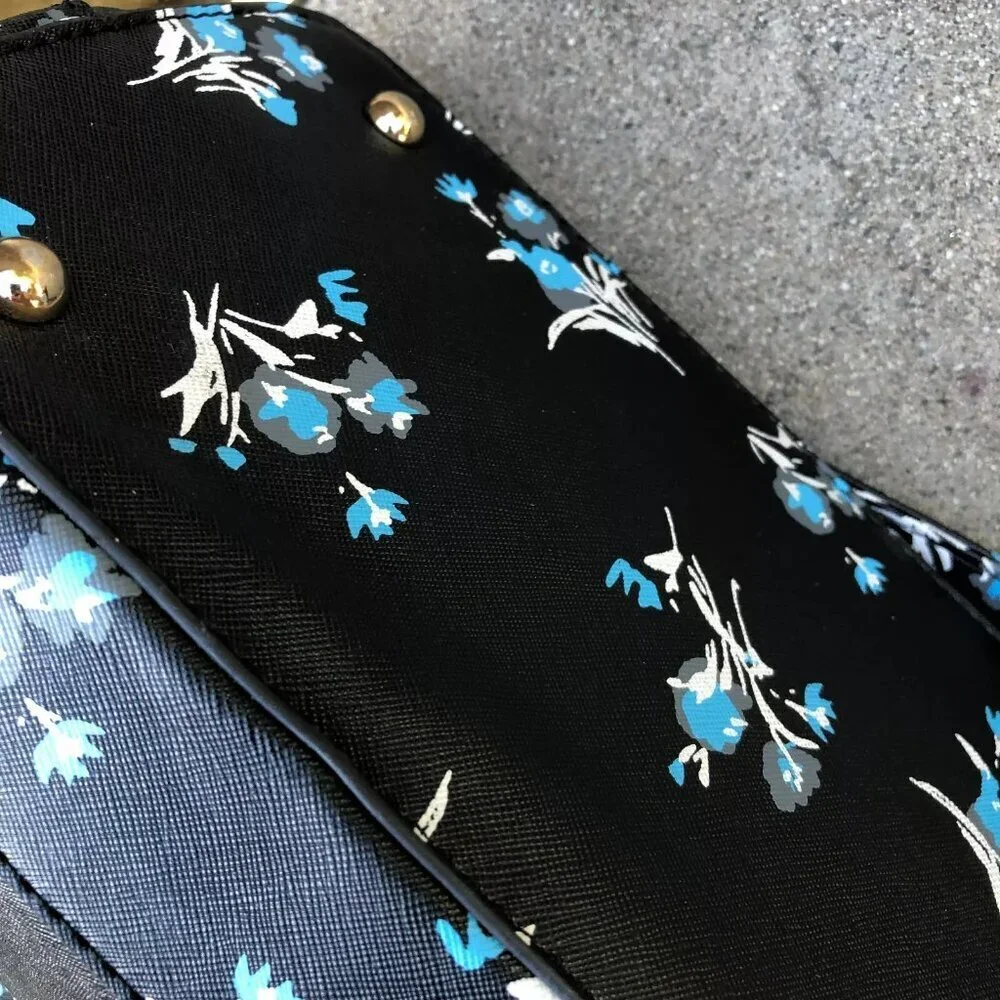 Faux Leather Purse Shoulder Top Handle Bowling Bag Black Floral 3 Compartment​​ - Picture 8 of 16